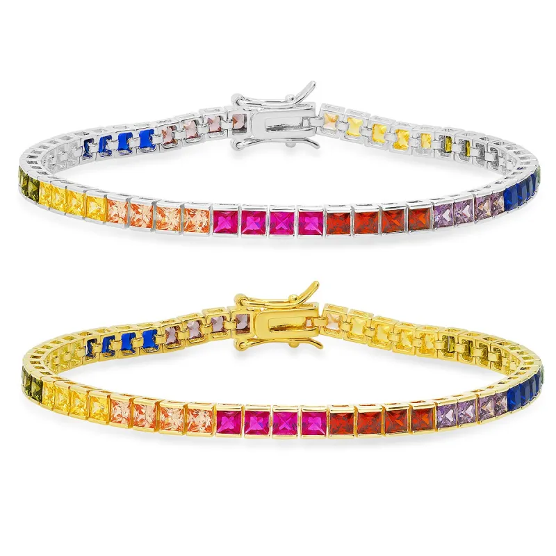 Sterling Silver Multi-color Princess-cut CZ Tennis Bracelet sold by Charming Charlie