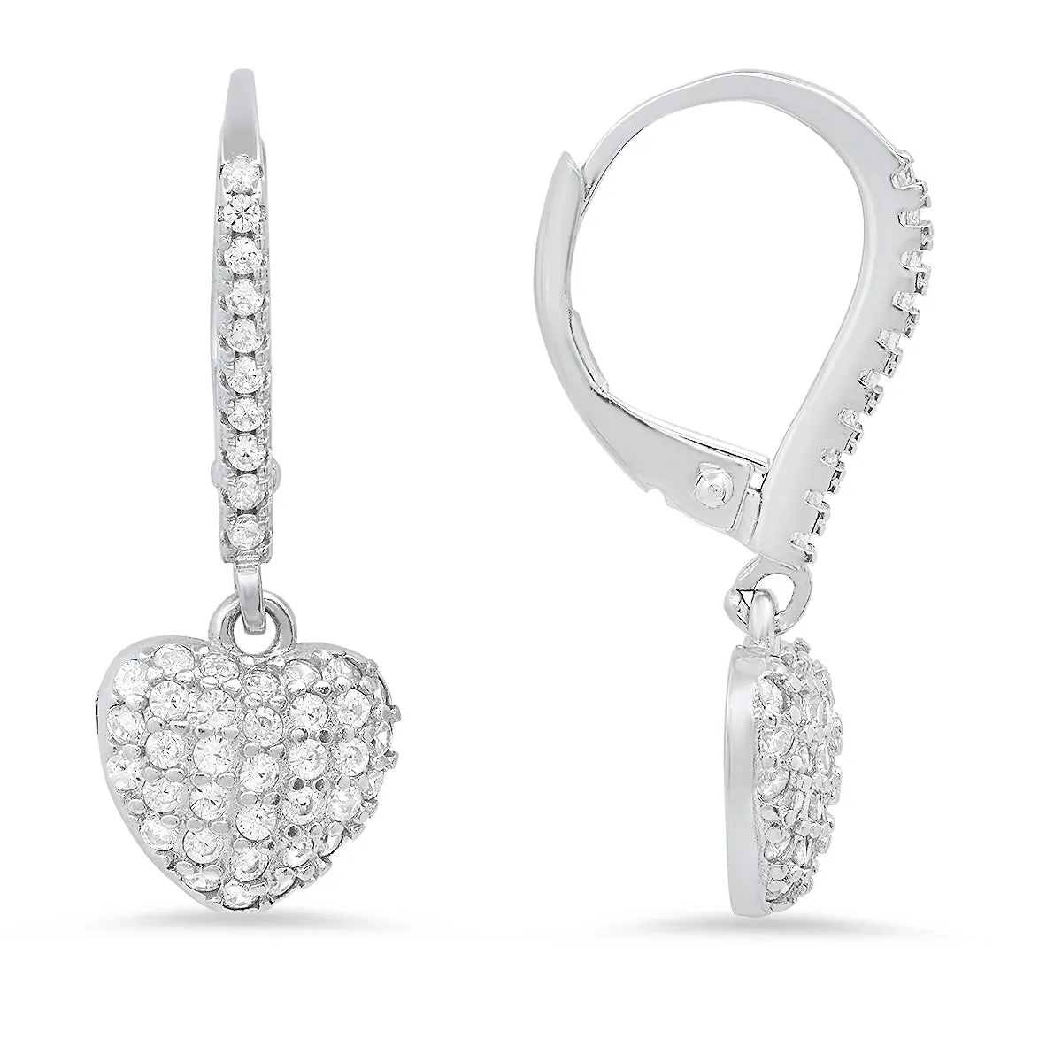 Sterling Silver Pave Heart CZ Dangle Leverback Earrings sold by Charming Charlie