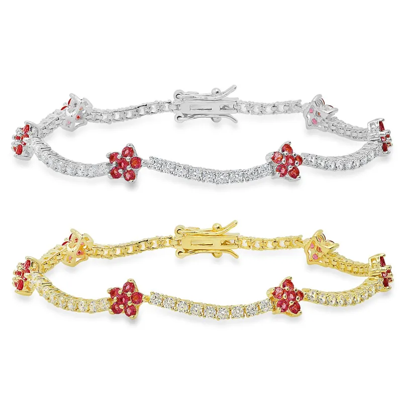 Sterling Silver Petite CZ Pink Sapphire Floral Station Tennis Bracelet sold by Charming Charlie