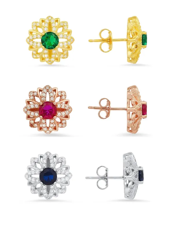 Sterling Silver Ruby/Sapphire/Emerald CZ Floral Stud Earrings sold by Charming Charlie