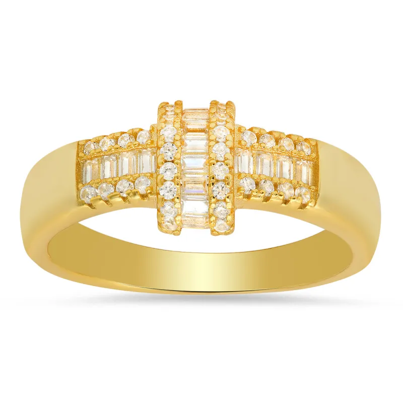 Yellow Gold Over Silver Baguette Twist CZ Ring sold by Charming Charlie