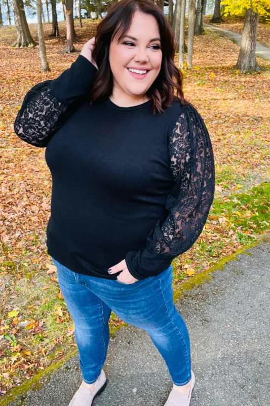 Black Hacci Floral Lace Bubble Sleeve Top sold by Charming Charlie