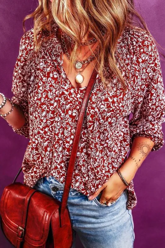 Printed Tie Neck Ballon Sleeve Blouse sold by Charming Charlie