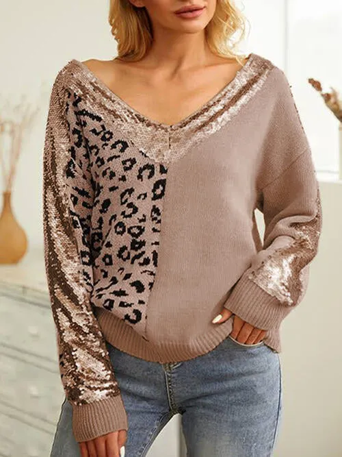 Leopard Sequin V-Neck Long Sleeve Sweater sold by Charming Charlie product image thumbnail 3
