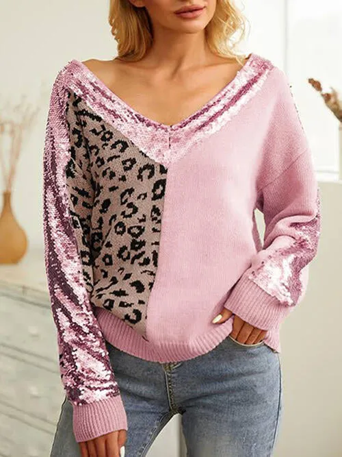 Leopard Sequin V-Neck Long Sleeve Sweater sold by Charming Charlie product image thumbnail 5