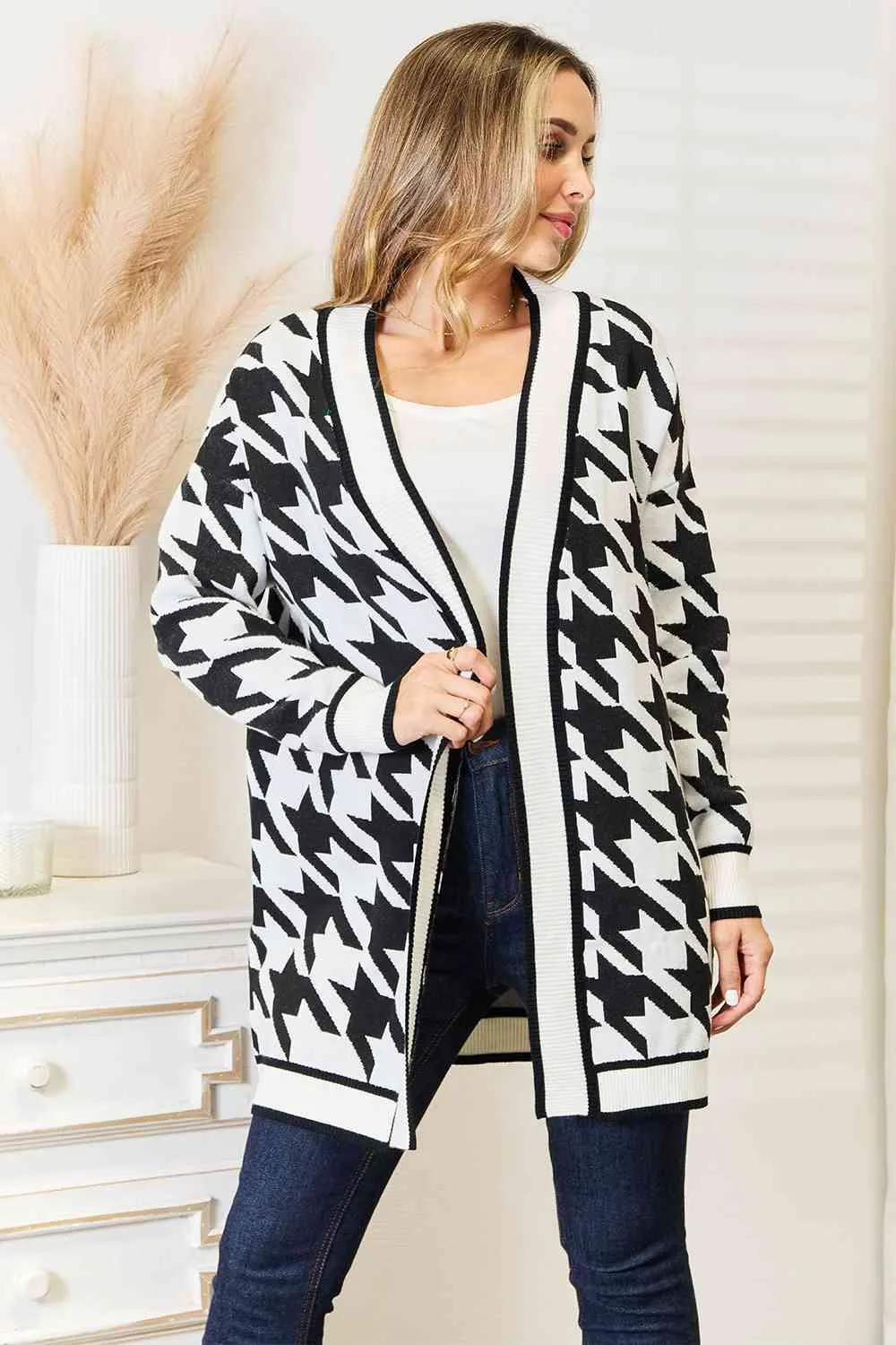Woven Right Houndstooth Open Front Longline Cardigan sold by Charming Charlie