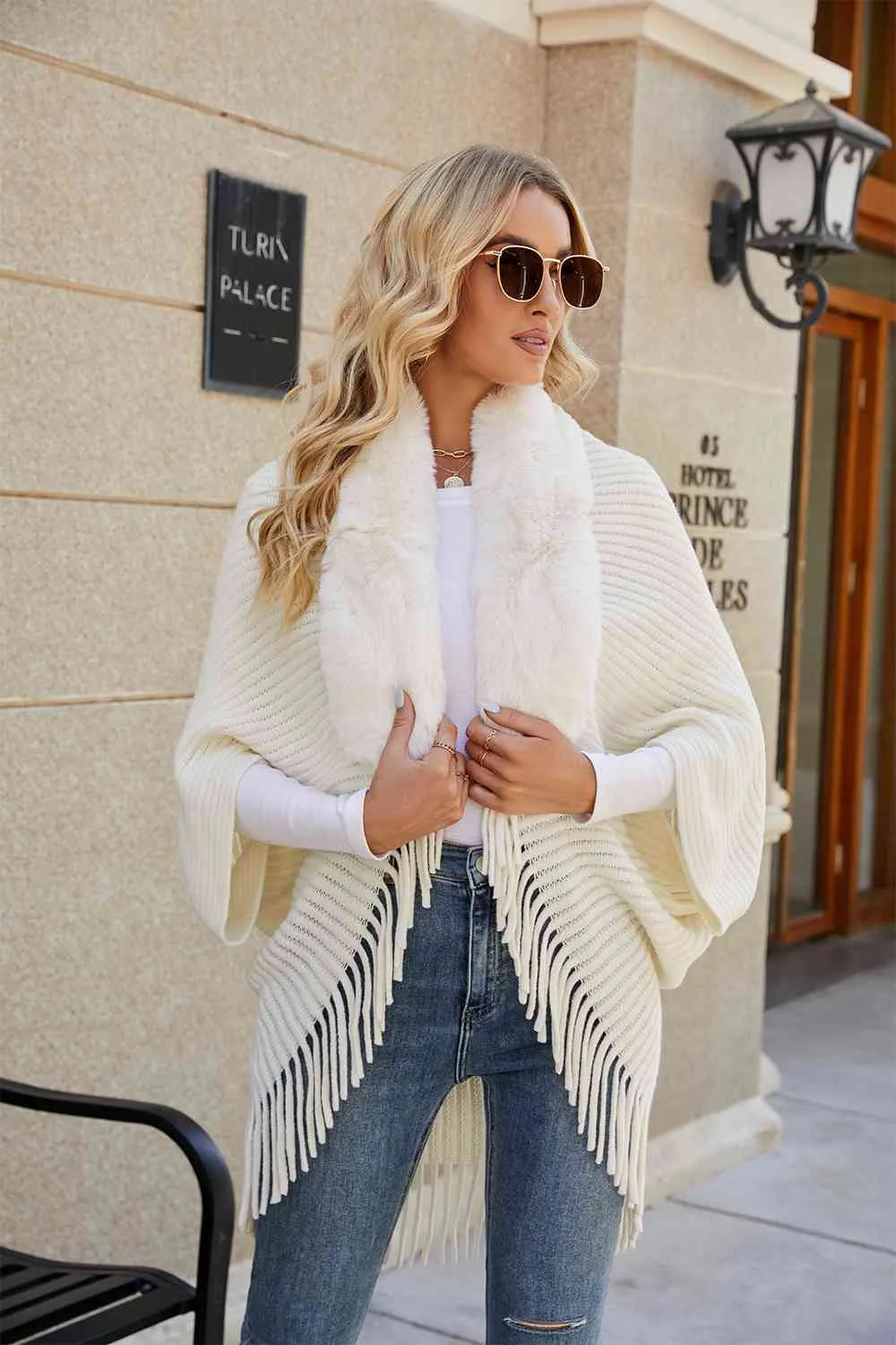 Fringe Detail Long Sleeve Ribbed Poncho sold by Charming Charlie product image thumbnail 3