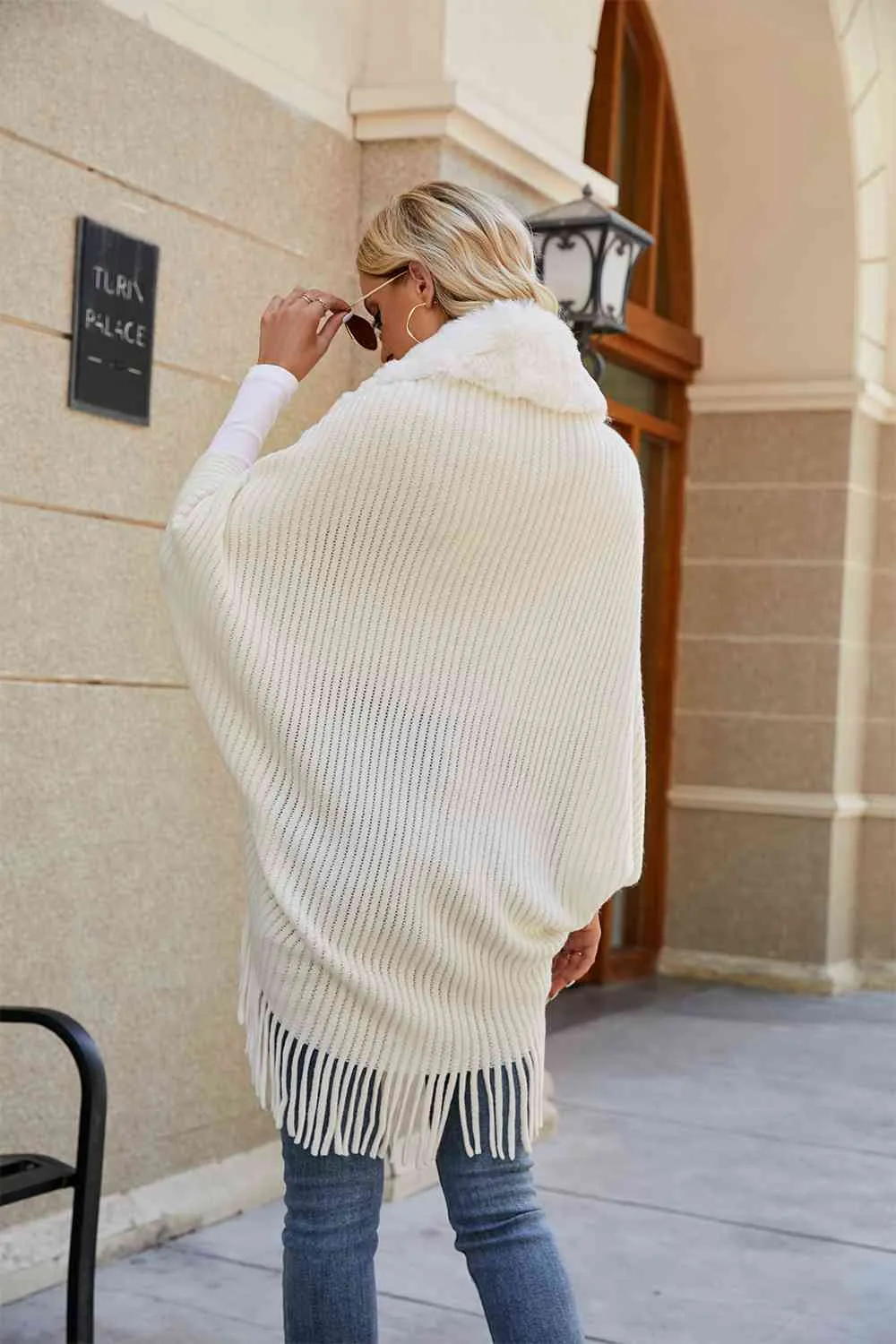 Fringe Detail Long Sleeve Ribbed Poncho sold by Charming Charlie product image thumbnail 2