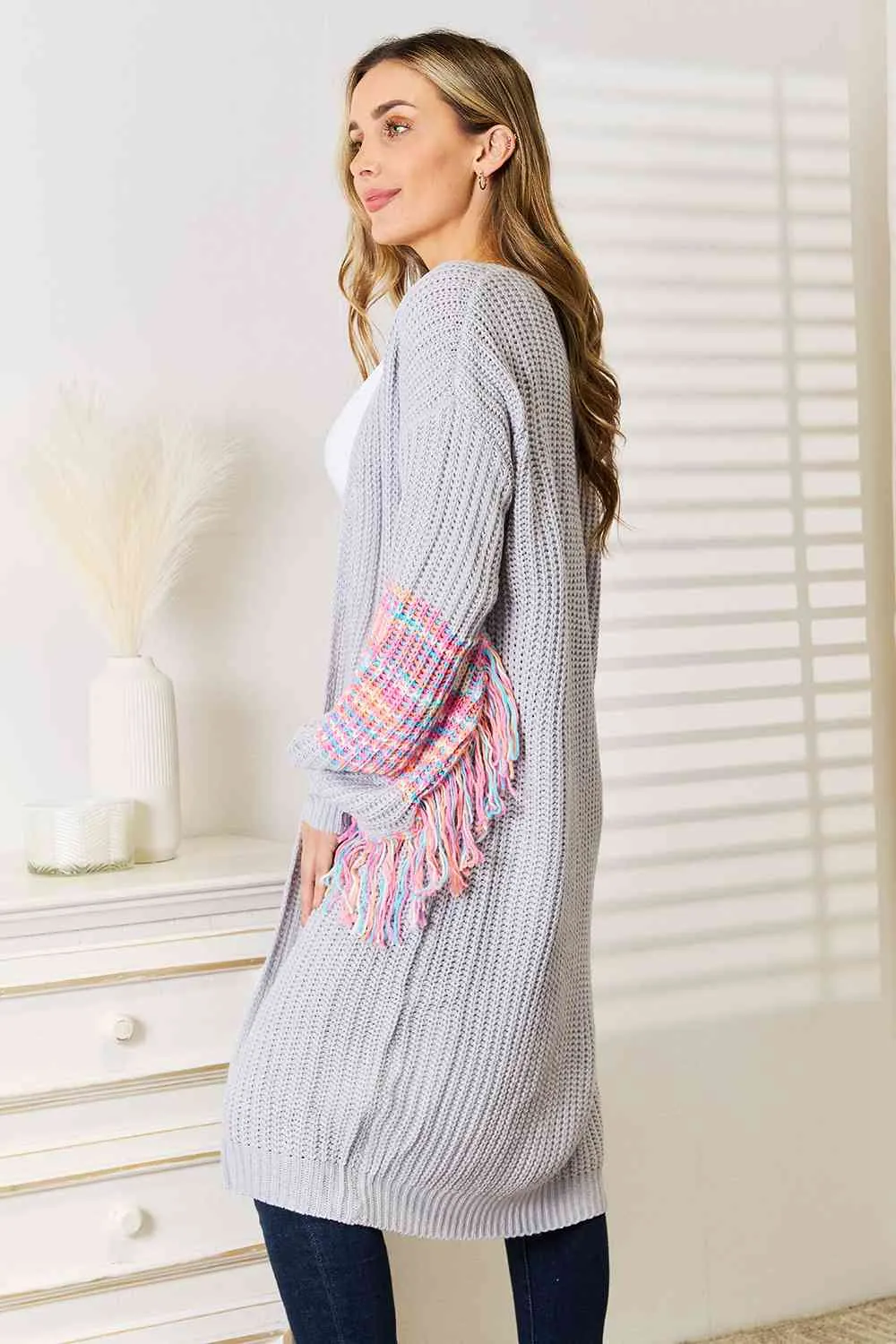 Woven Right Fringe Sleeve Dropped Shoulder Cardigan sold by Charming Charlie product image thumbnail 2