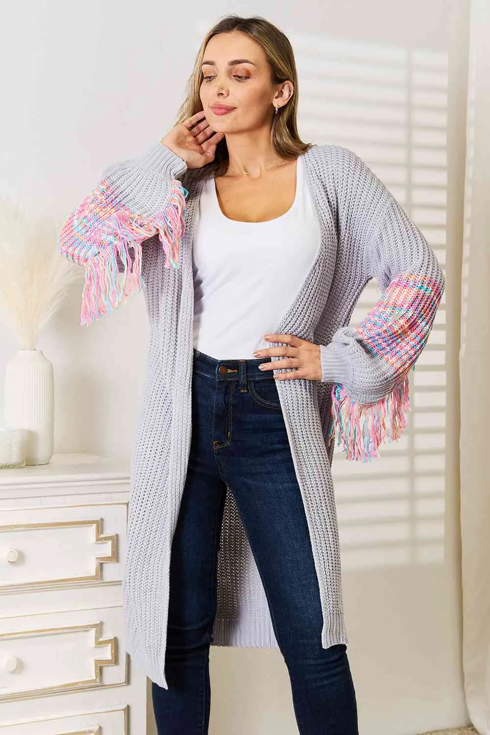 Woven Right Fringe Sleeve Dropped Shoulder Cardigan sold by Charming Charlie