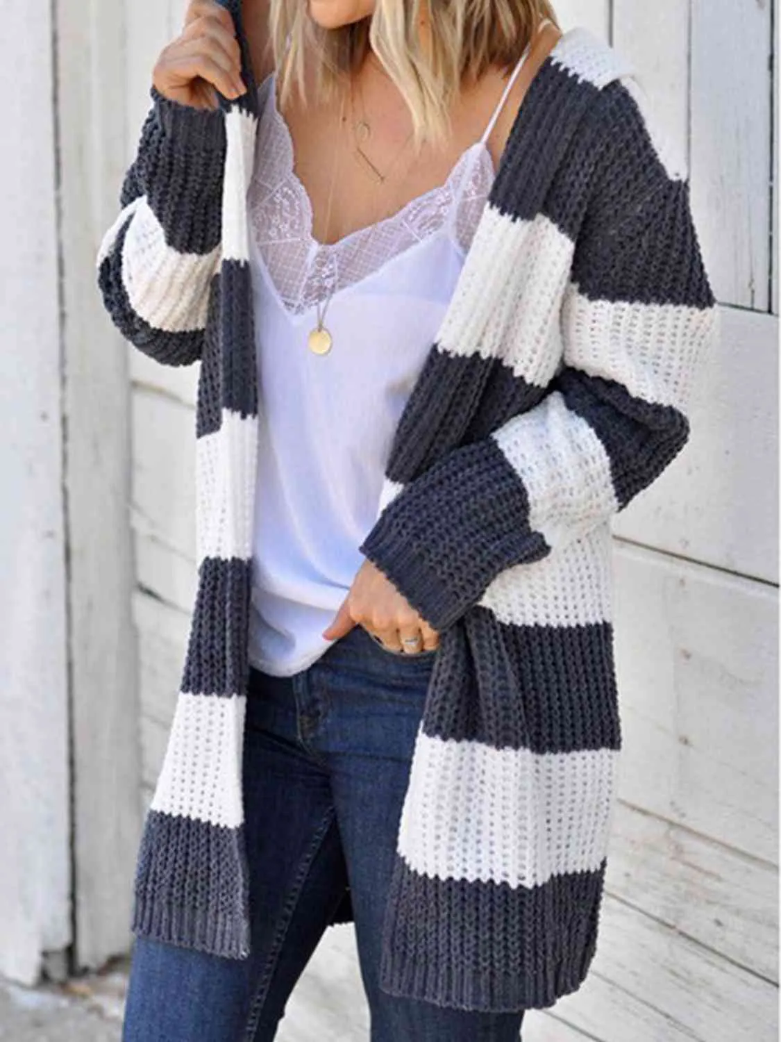 Striped Open Front Hooded Cardigan sold by Charming Charlie