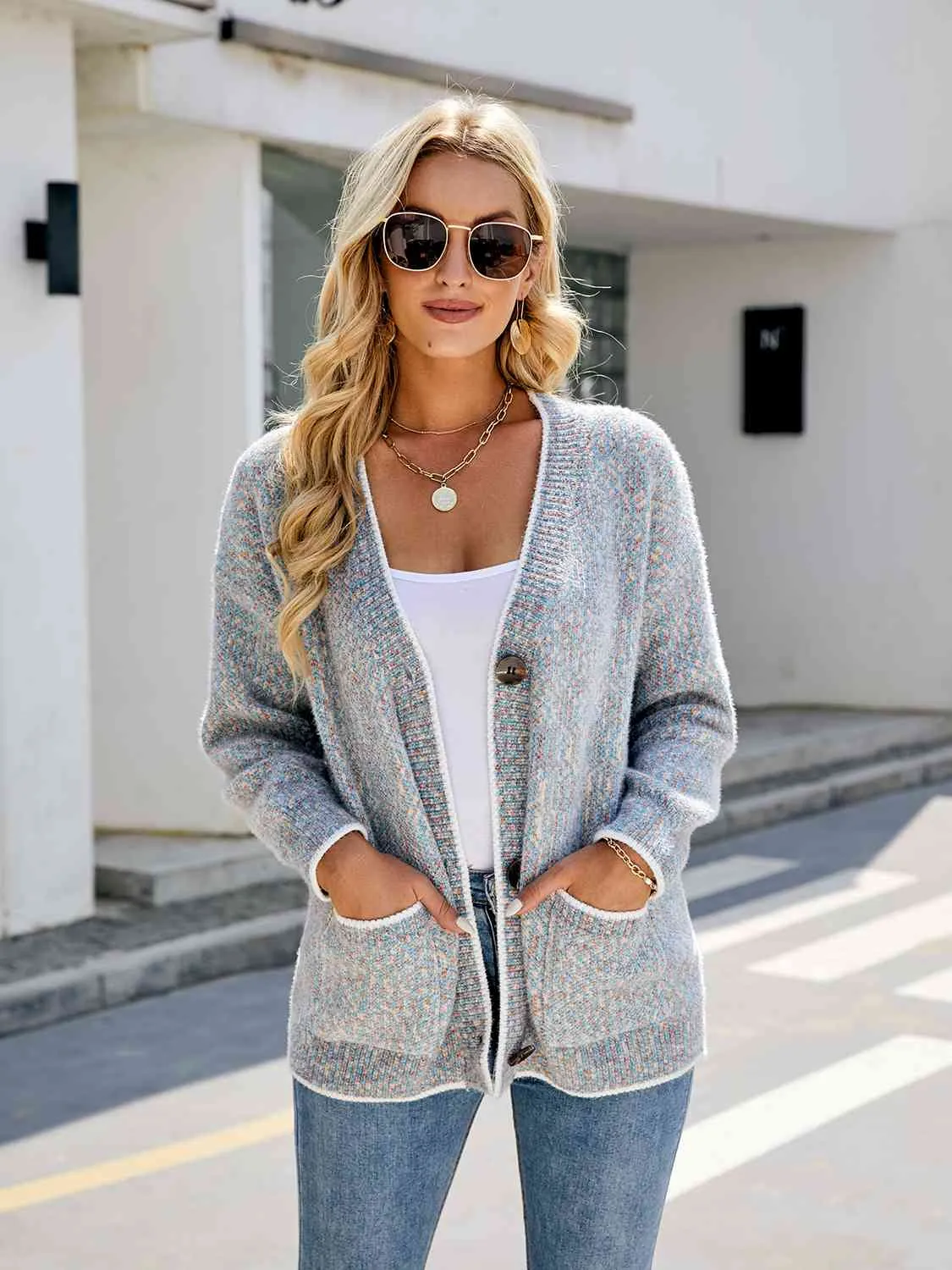 Button Down V-Neck Cardigan with Pockets sold by Charming Charlie