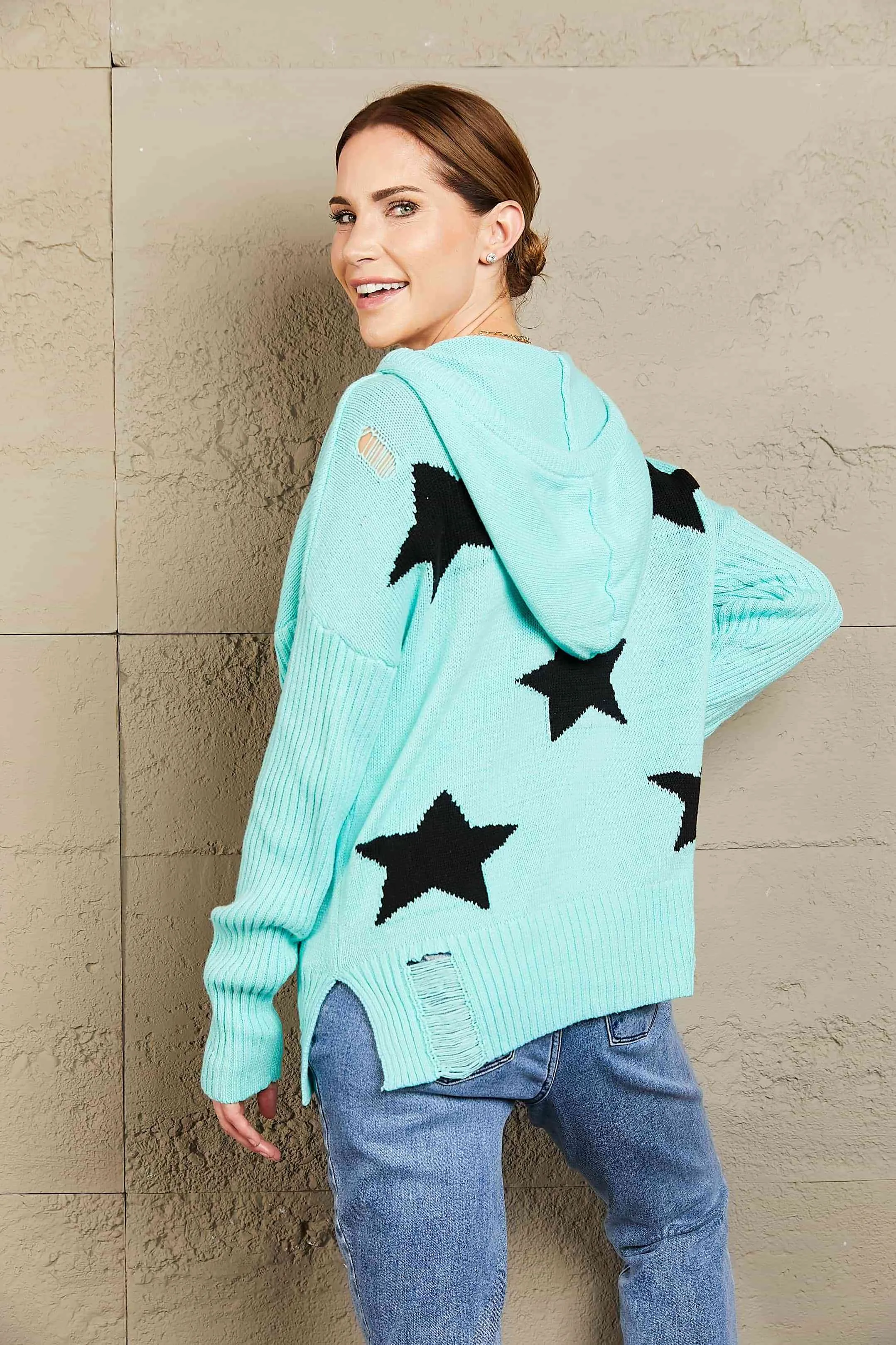 Woven Right Star Distressed Slit Hooded Sweater sold by Charming Charlie product image thumbnail 2