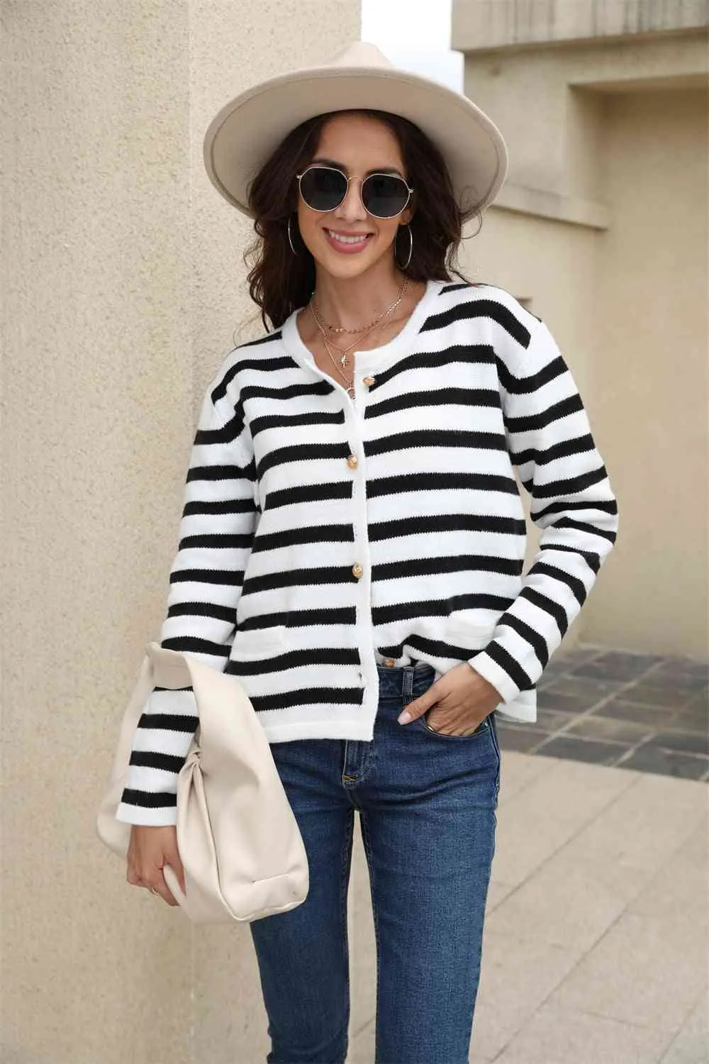 Striped Round Neck Button-Down Dropped Shoulder Cardigan sold by Charming Charlie product image thumbnail 4