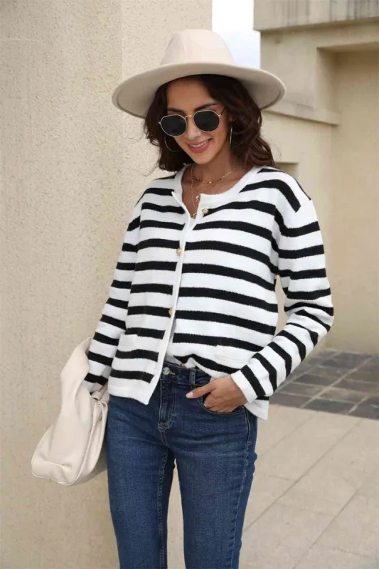 Striped Round Neck Button-Down Dropped Shoulder Cardigan sold by Charming Charlie