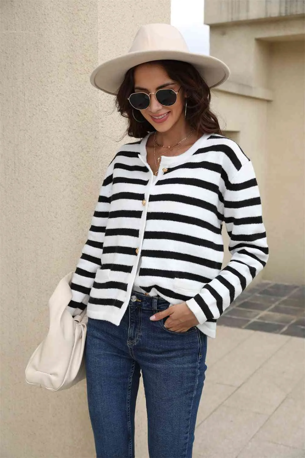 Striped Round Neck Button-Down Dropped Shoulder Cardigan sold by Charming Charlie
