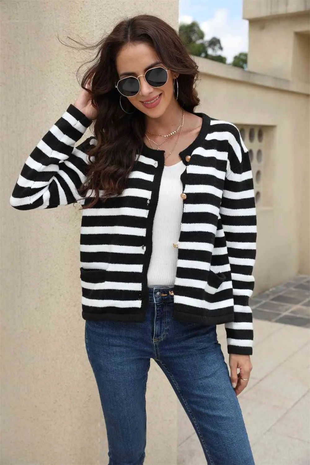 Striped Round Neck Button-Down Dropped Shoulder Cardigan sold by Charming Charlie product image thumbnail 5