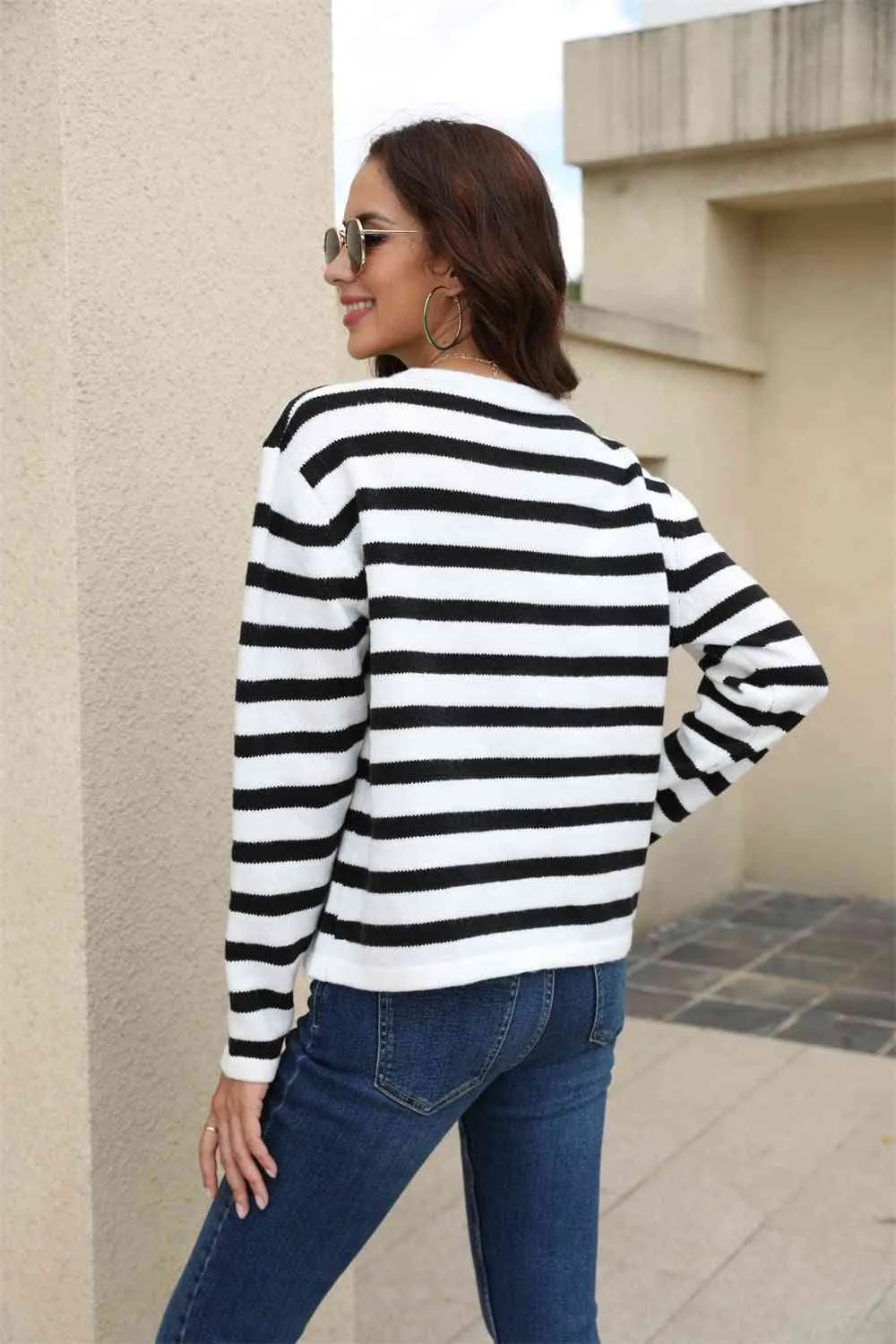 Striped Round Neck Button-Down Dropped Shoulder Cardigan sold by Charming Charlie product image thumbnail 2
