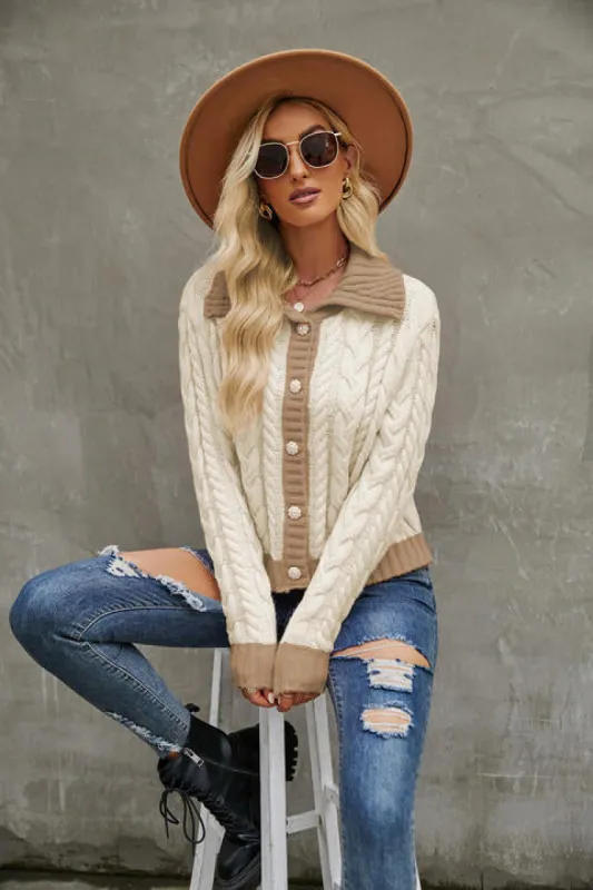 Contrast Collared Neck Cable-Knit Cardigan sold by Charming Charlie