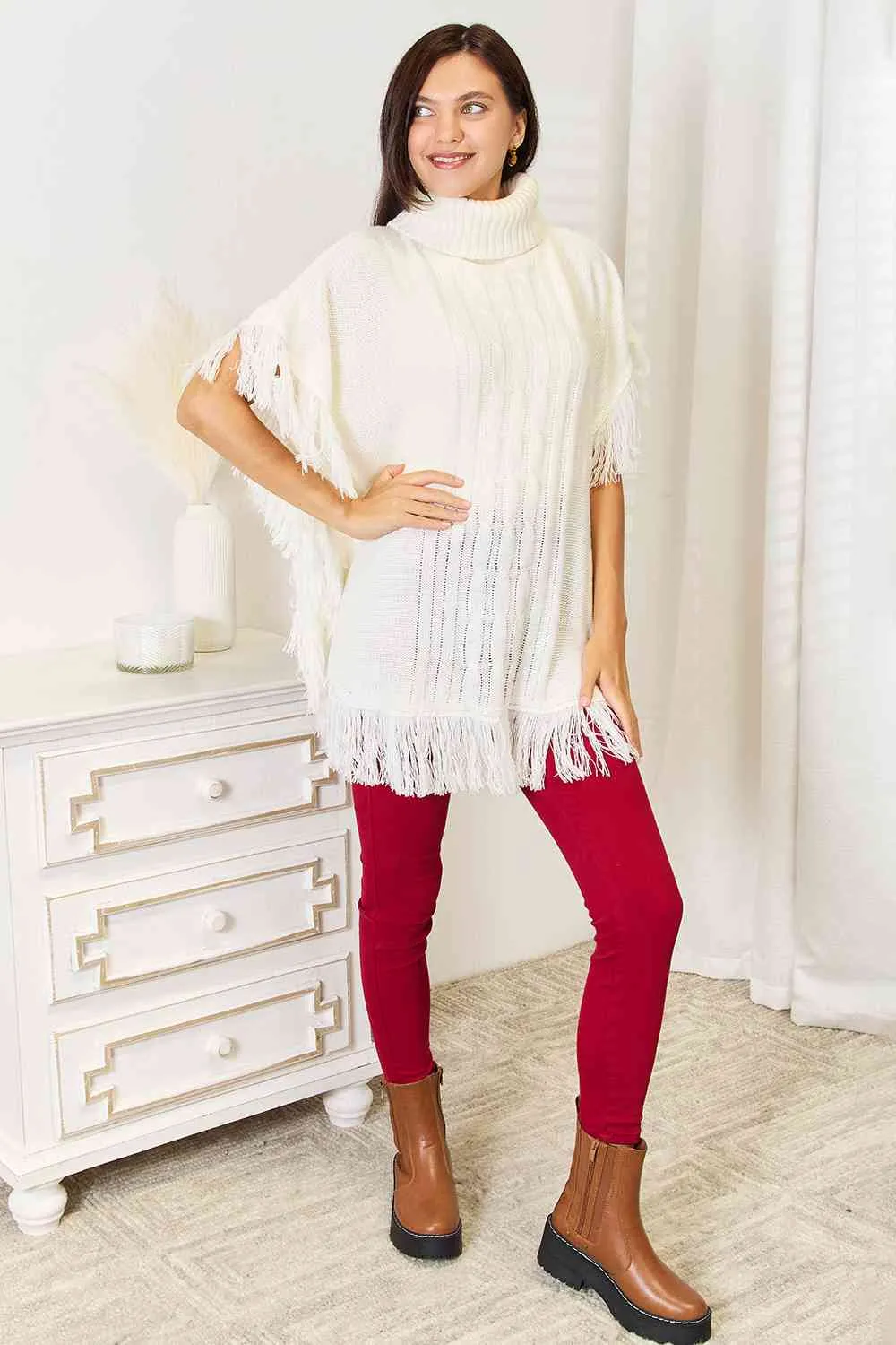 Justin Taylor Turtle Neck Fringe Poncho sold by Charming Charlie product image thumbnail 4