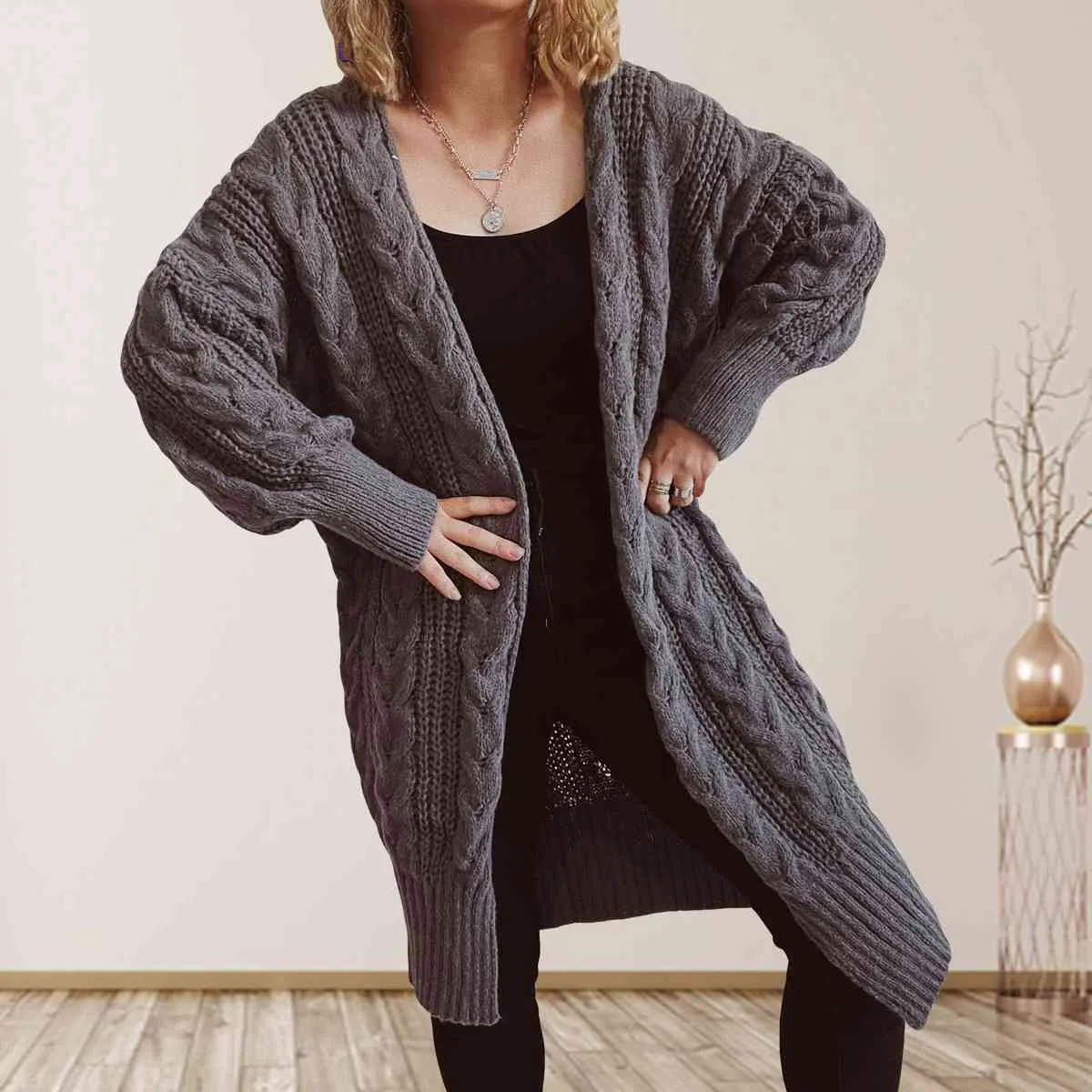 Cable-Knit Open Front Dropped Shoulder Cardigan sold by Charming Charlie product image thumbnail 3