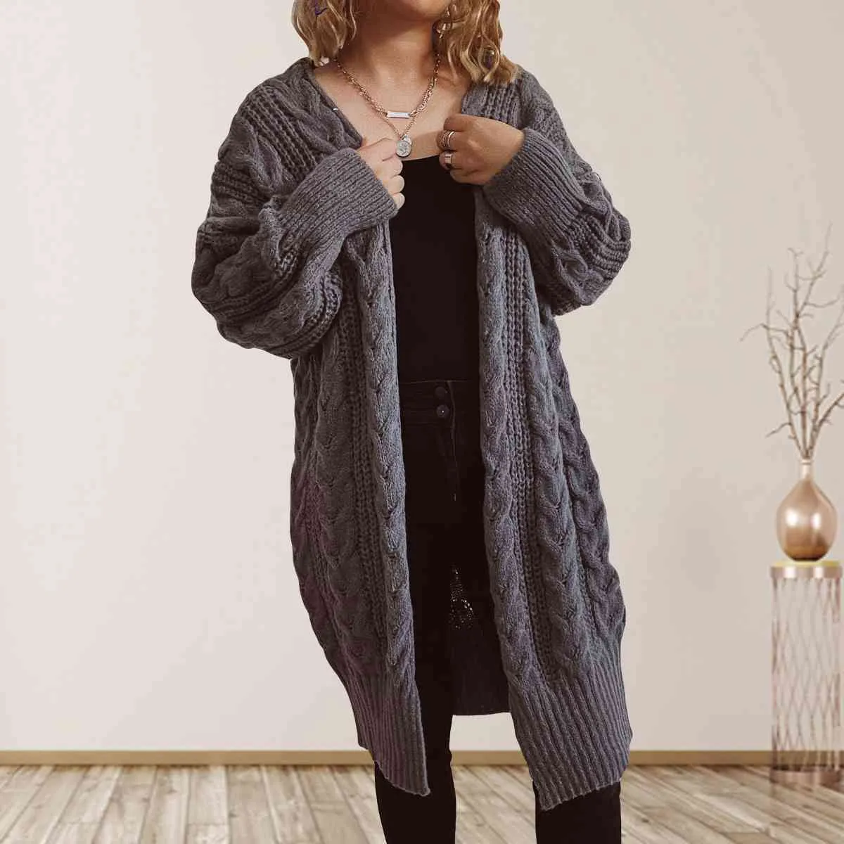 Cable-Knit Open Front Dropped Shoulder Cardigan sold by Charming Charlie