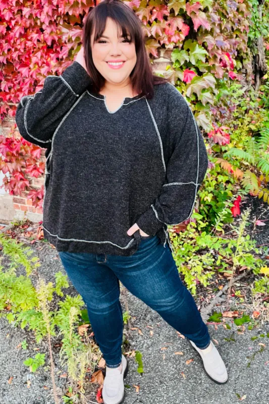 Weekend Ready Charcoal Two Tone Knit Notched Neck Raglan Top sold by Charming Charlie