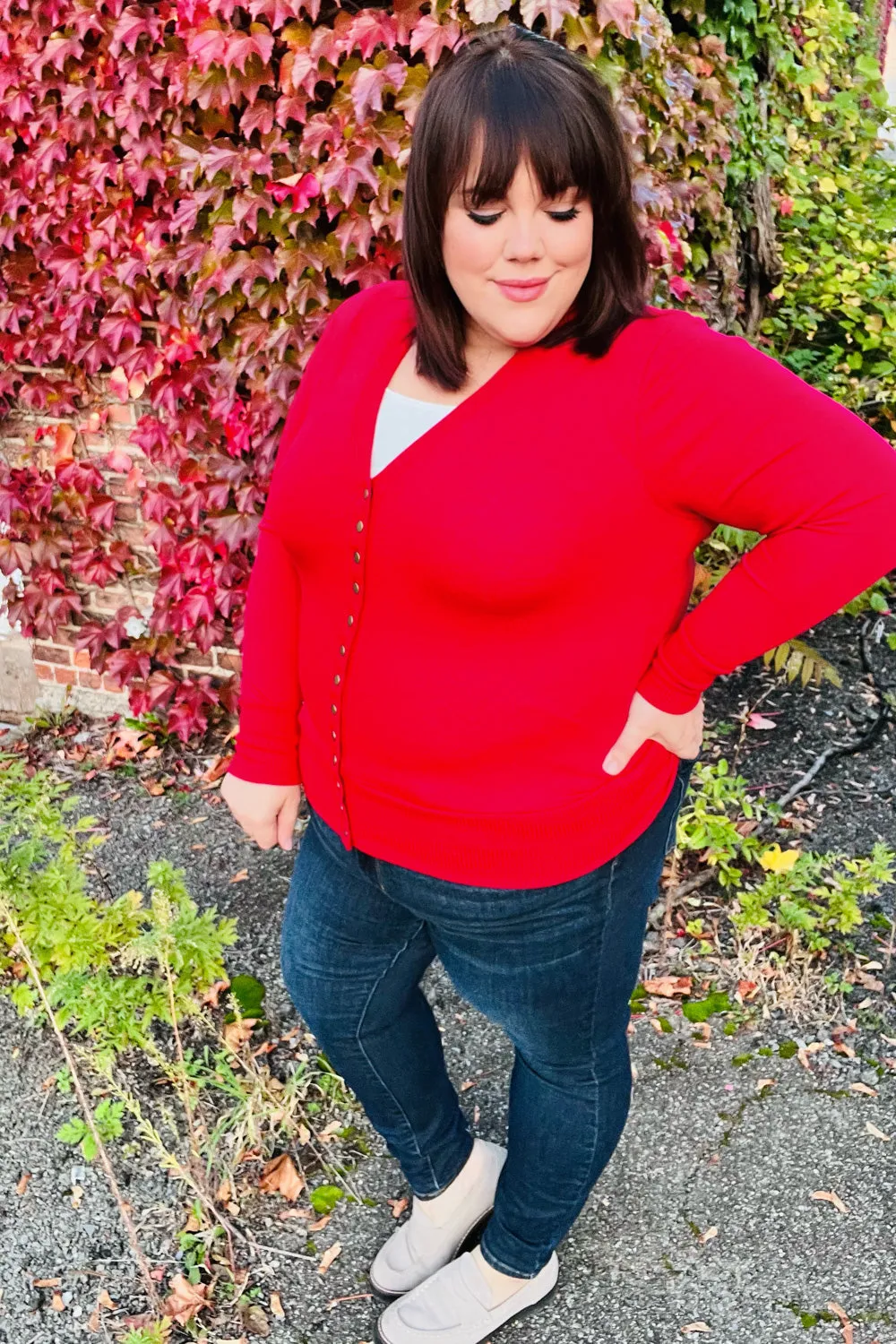 Day On The Town Red Snap Button Rib Cardigan sold by Charming Charlie product image thumbnail 4