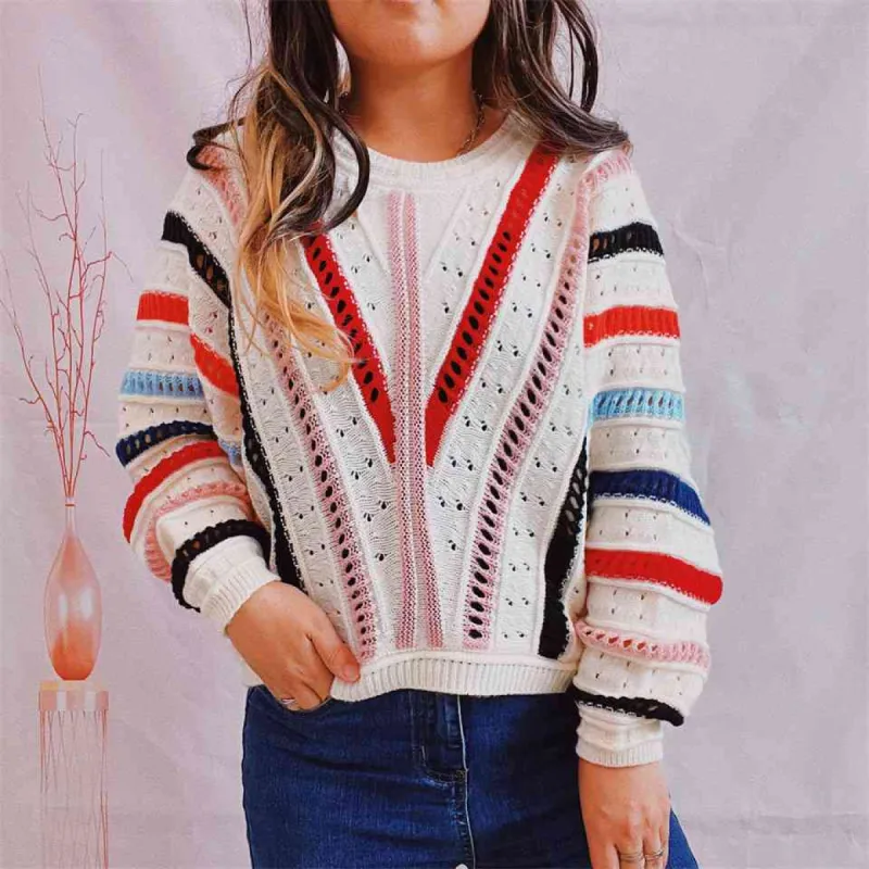 Striped Openwork Round Neck Sweater sold by Charming Charlie