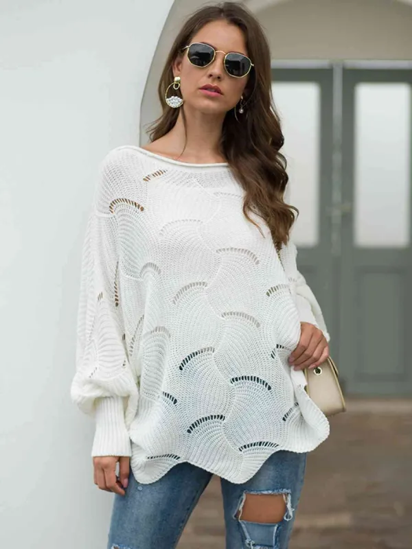 Full Size Boat Neck Lantern Sleeve Openwork Knit Top sold by Charming Charlie
