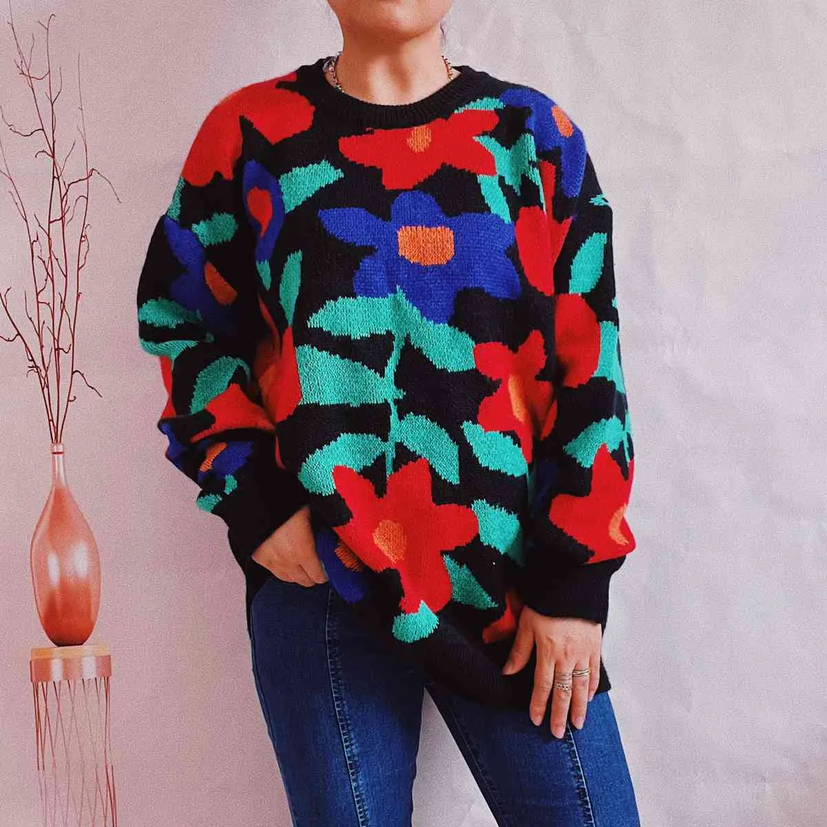 Floral Print Round Neck Drop Shoulder Sweater sold by Charming Charlie product image thumbnail 5
