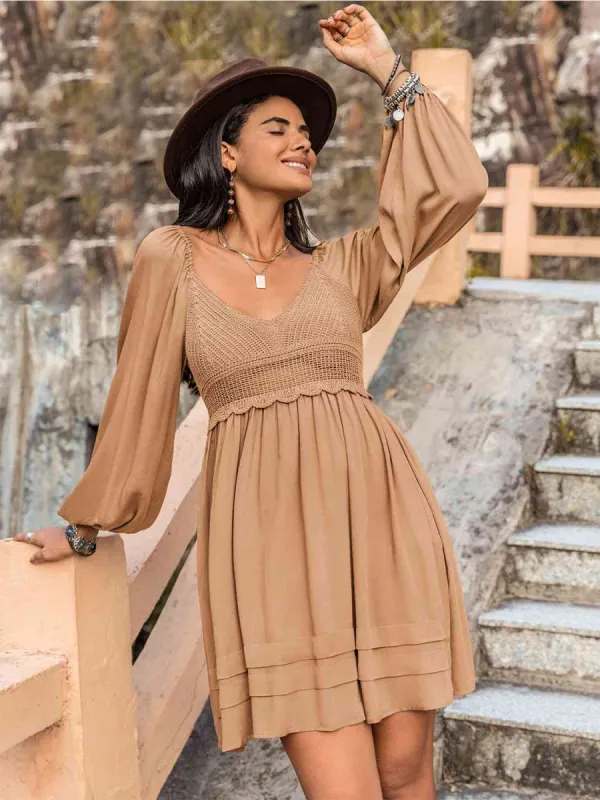 Crochet V-Neck Balloon Sleeve Dress sold by Charming Charlie