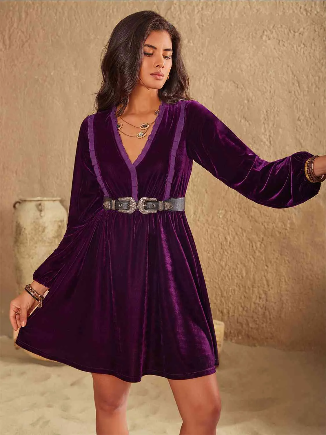 Ruffled V-Neck Long Sleeve Dress sold by Charming Charlie product image thumbnail 4