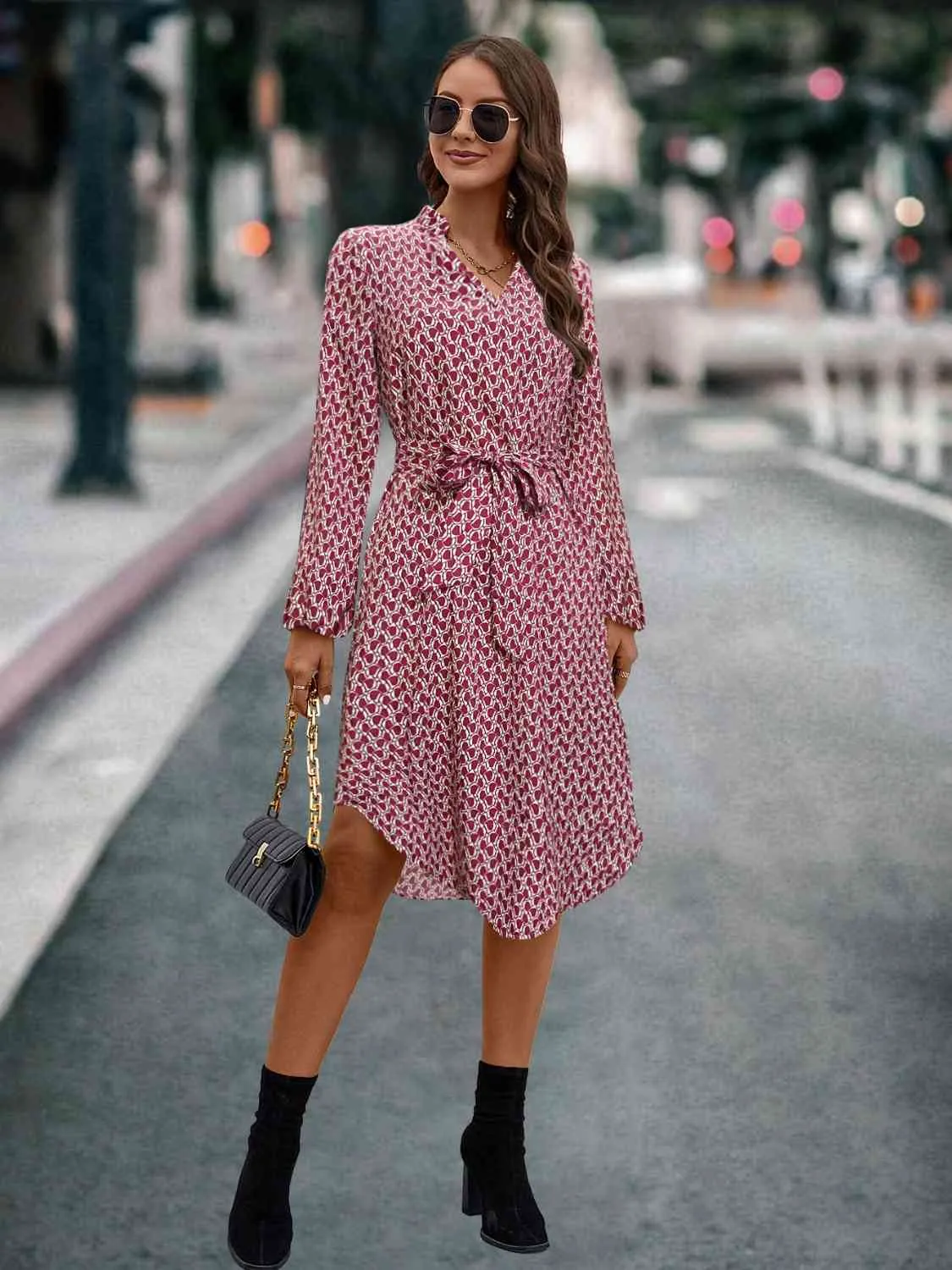 Printed Notched Tie Front Long Sleeve Dress sold by Charming Charlie product image thumbnail 4