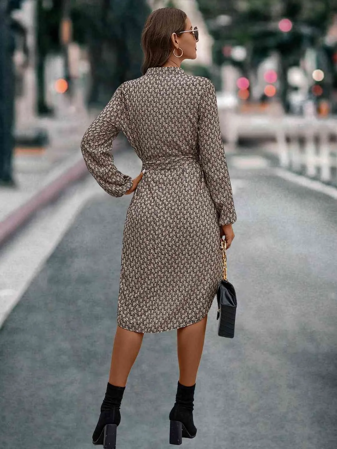 Printed Notched Tie Front Long Sleeve Dress sold by Charming Charlie product image thumbnail 2