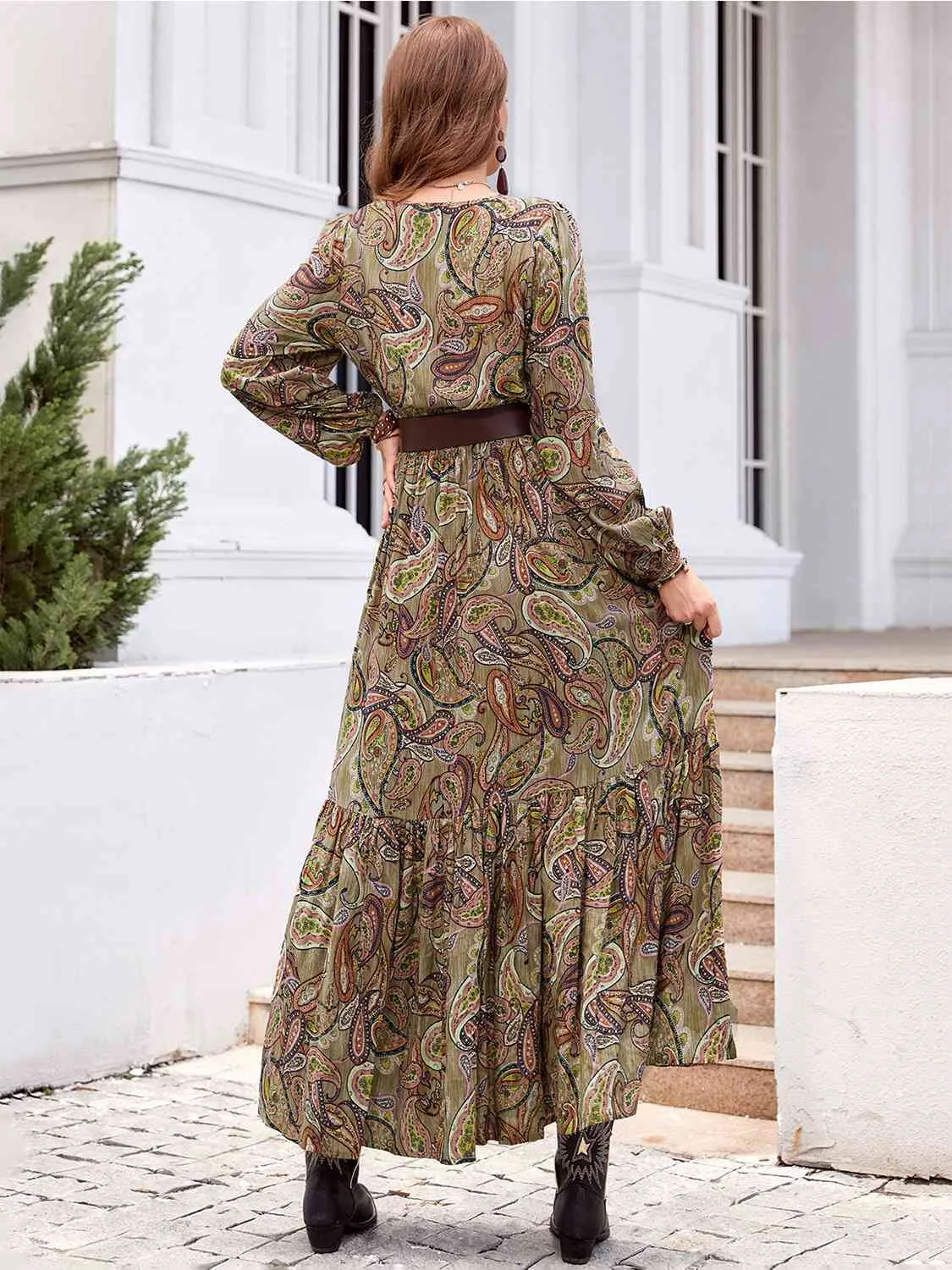Printed Tie Neck Ruffle Hem Long Sleeve Dress sold by Charming Charlie product image thumbnail 2