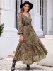 Printed Tie Neck Ruffle Hem Long Sleeve Dress sold by Charming Charlie