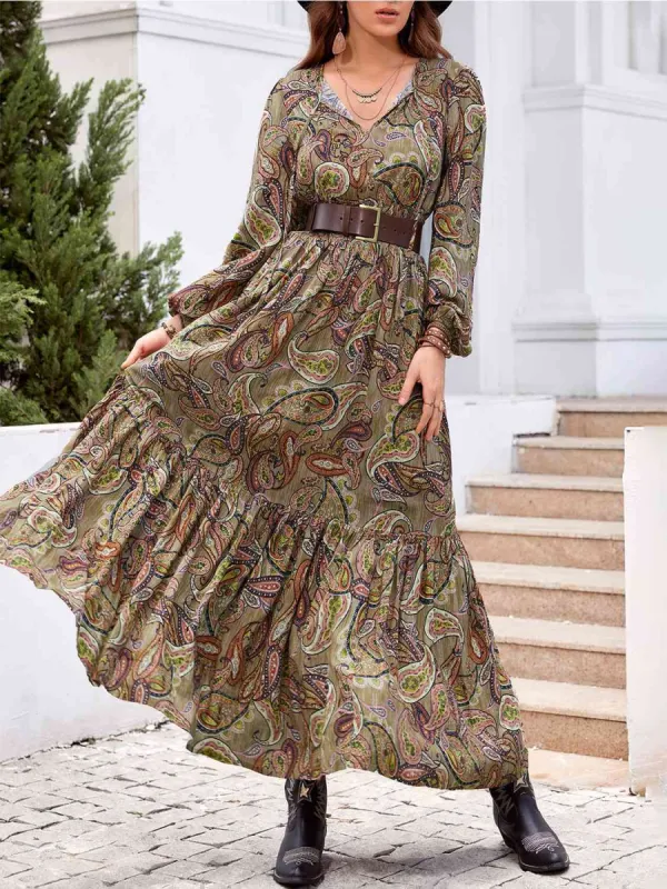Printed Tie Neck Ruffle Hem Long Sleeve Dress sold by Charming Charlie