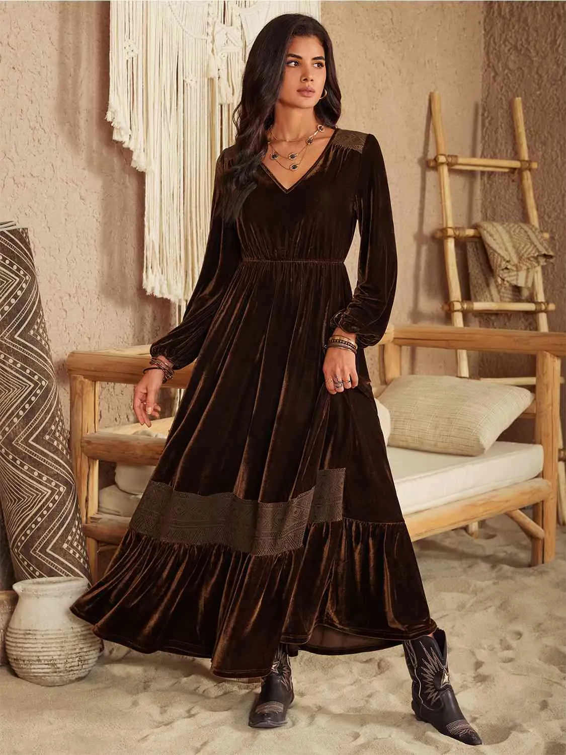 Ruffled V-Neck Long Sleeve Dress sold by Charming Charlie product image thumbnail 2
