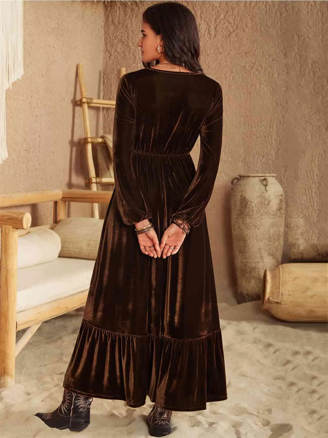 Ruffled V-Neck Long Sleeve Dress sold by Charming Charlie product image thumbnail 3