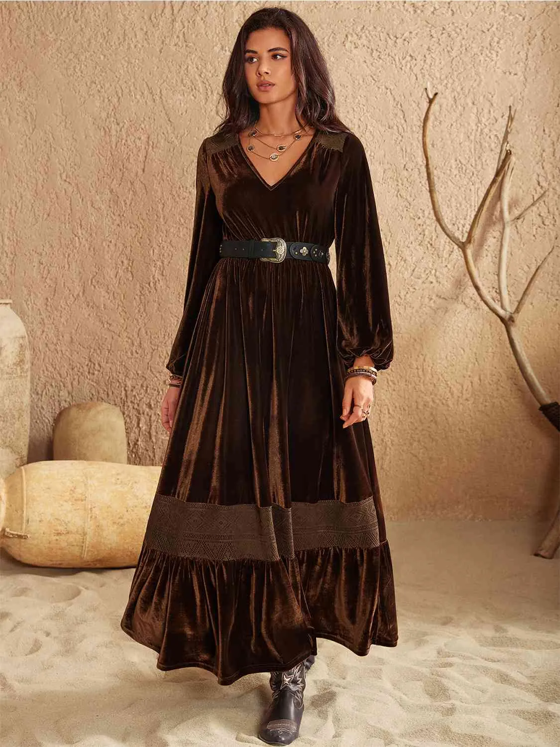 Ruffled V-Neck Long Sleeve Dress sold by Charming Charlie product image thumbnail 4
