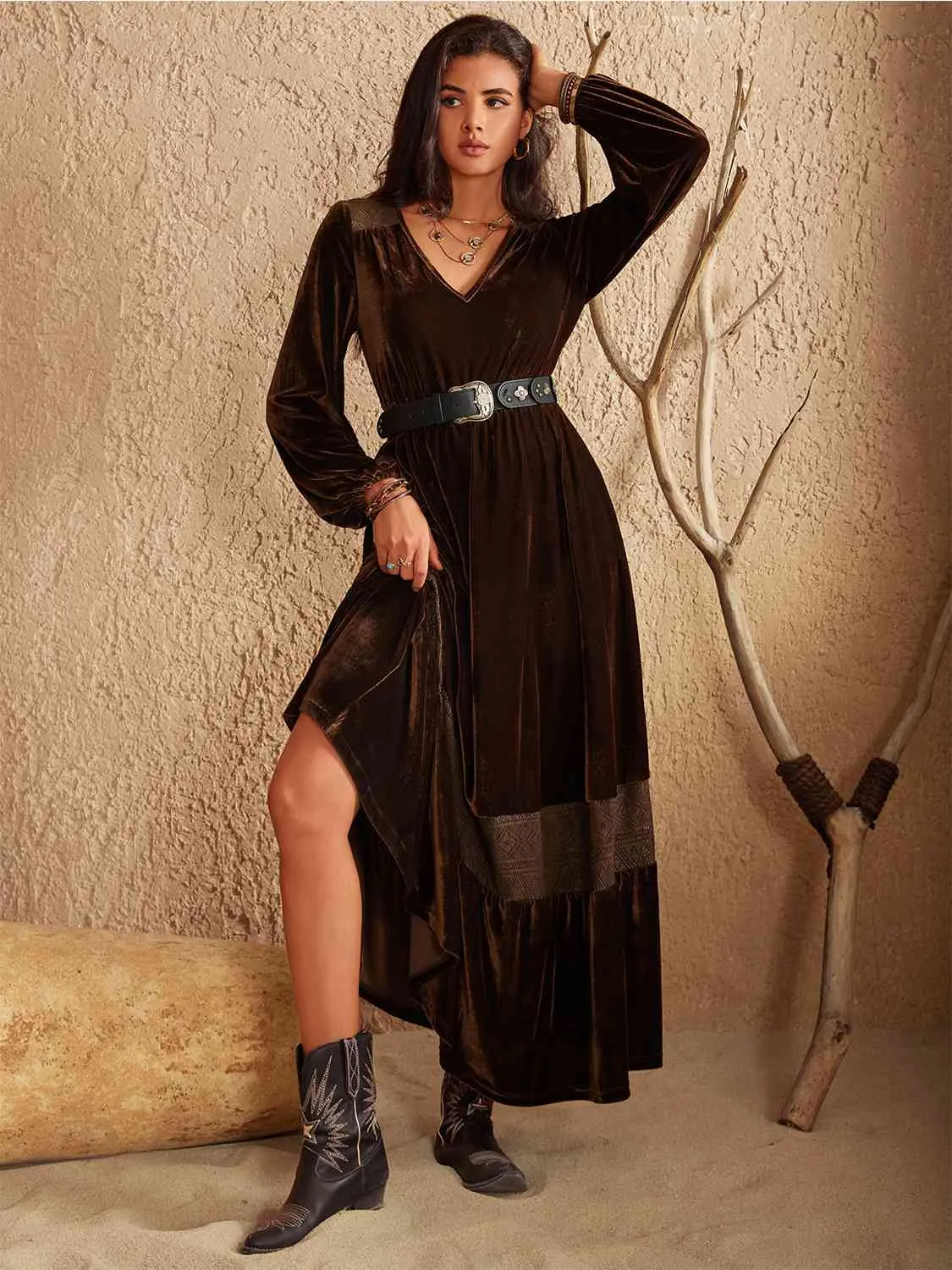 Ruffled V-Neck Long Sleeve Dress sold by Charming Charlie