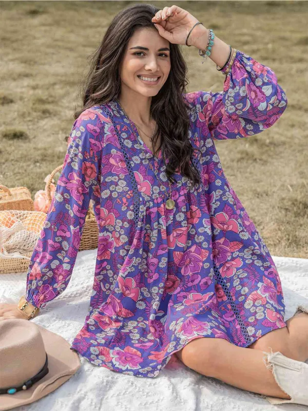 Floral Ruched V-Neck Long Sleeve Dress sold by Charming Charlie