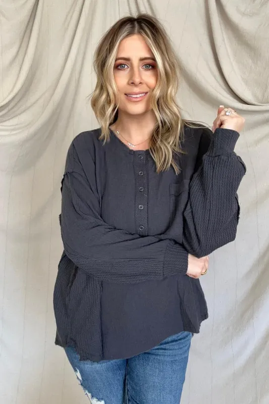 Zenana Double Gauze Oversized 3/4 Button Henley Neck Top sold by Charming Charlie