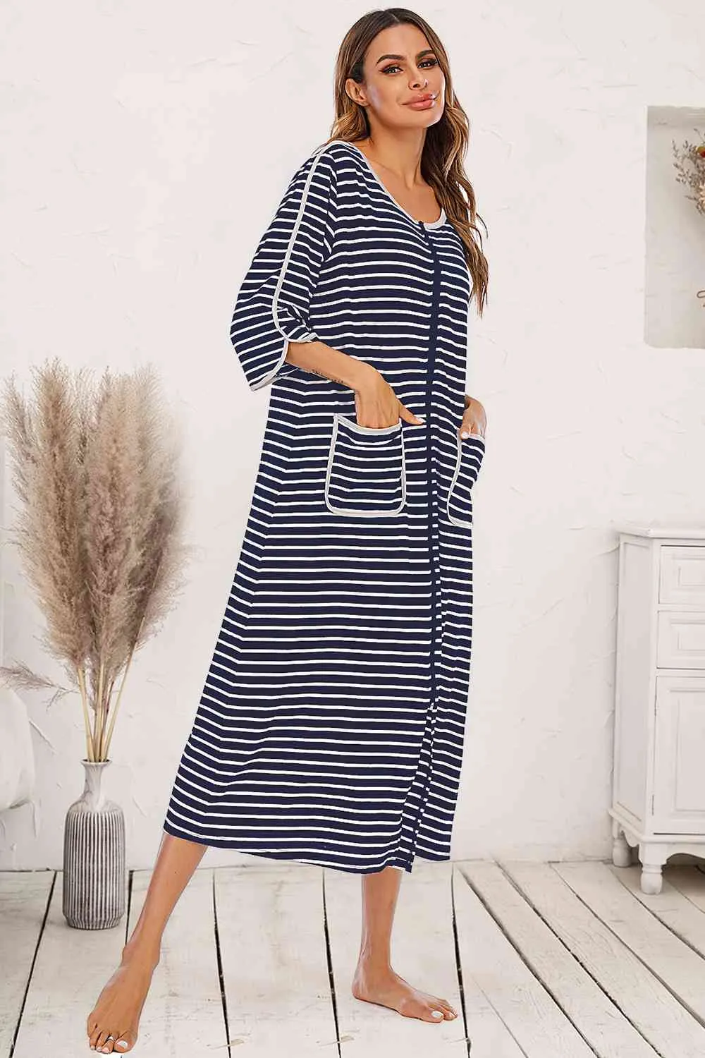 Round Neck Three-Quarter Sleeve Midi Night Dress sold by Charming Charlie