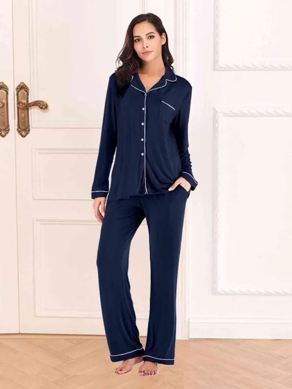 Collared Neck Long Sleeve Loungewear Set with Pockets sold by Charming Charlie