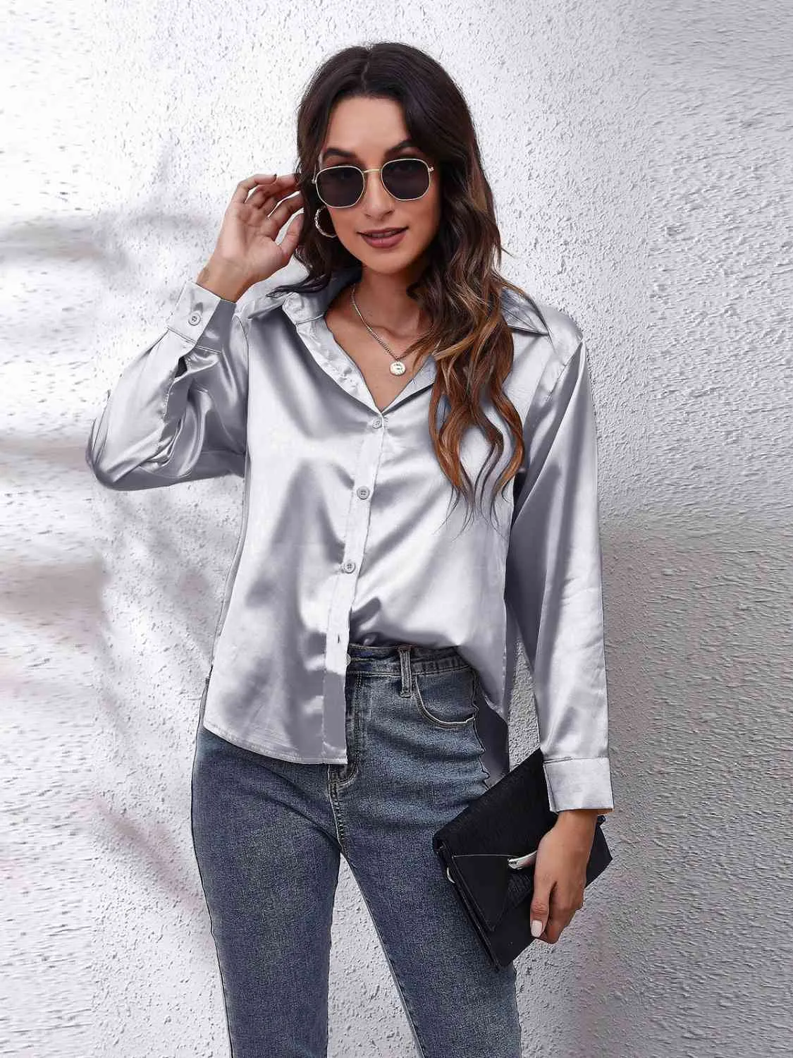 Collared Neck Buttoned Long Sleeve Shirt sold by Charming Charlie