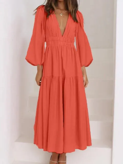 Deep V-Neck Balloon Sleeve Plain Maxi Dress sold by Charming Charlie