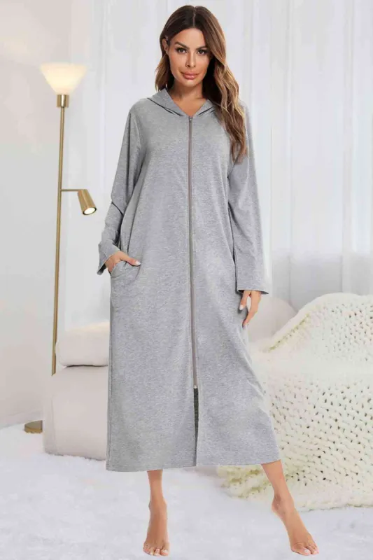 Zip Front Hooded Night Dress with Pockets sold by Charming Charlie