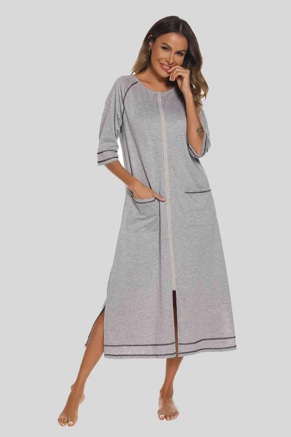 Zip Up Slit Round Neck Night Dress with Pockets sold by Charming Charlie product image thumbnail 4